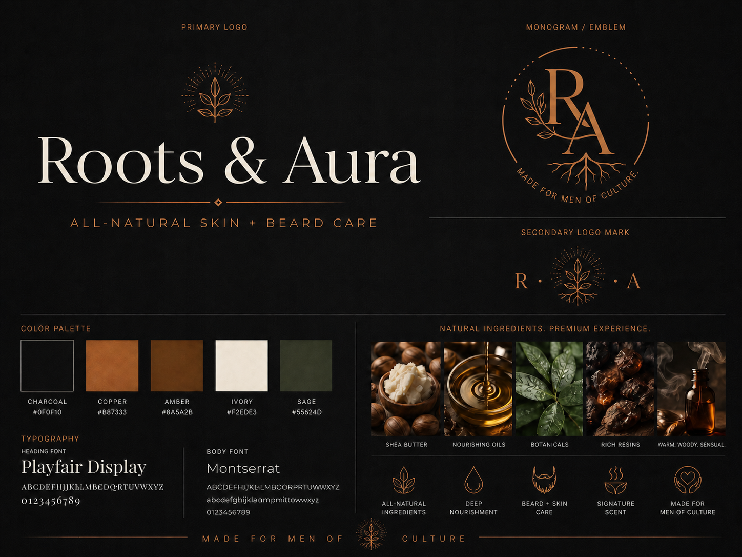Roots & Aura brand identity — Made for Men of Culture