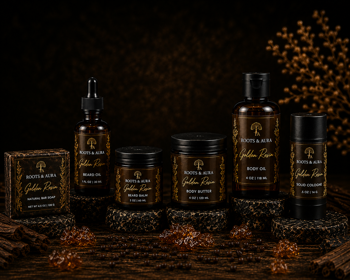 Roots & Aura Golden Resin Collection — full product lineup