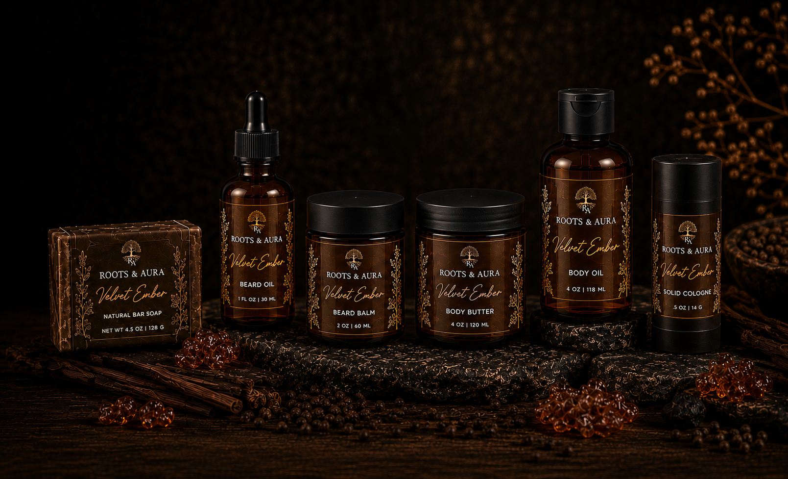 Roots & Aura Velvet Ember Collection — full product lineup