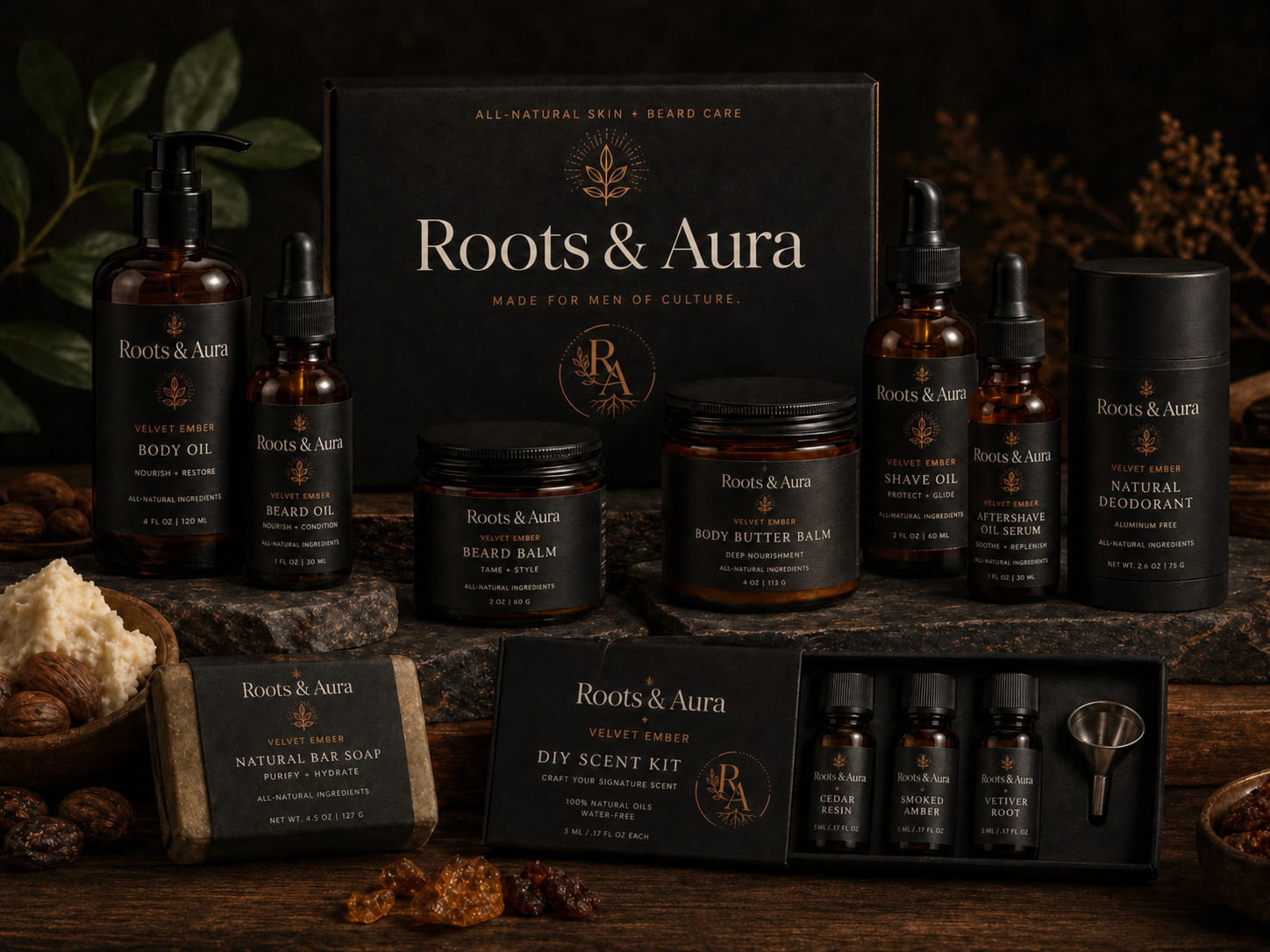 Roots & Aura Velvet Ember Collection — Natural Bar Soap, Beard Oil, Body Butter Balm